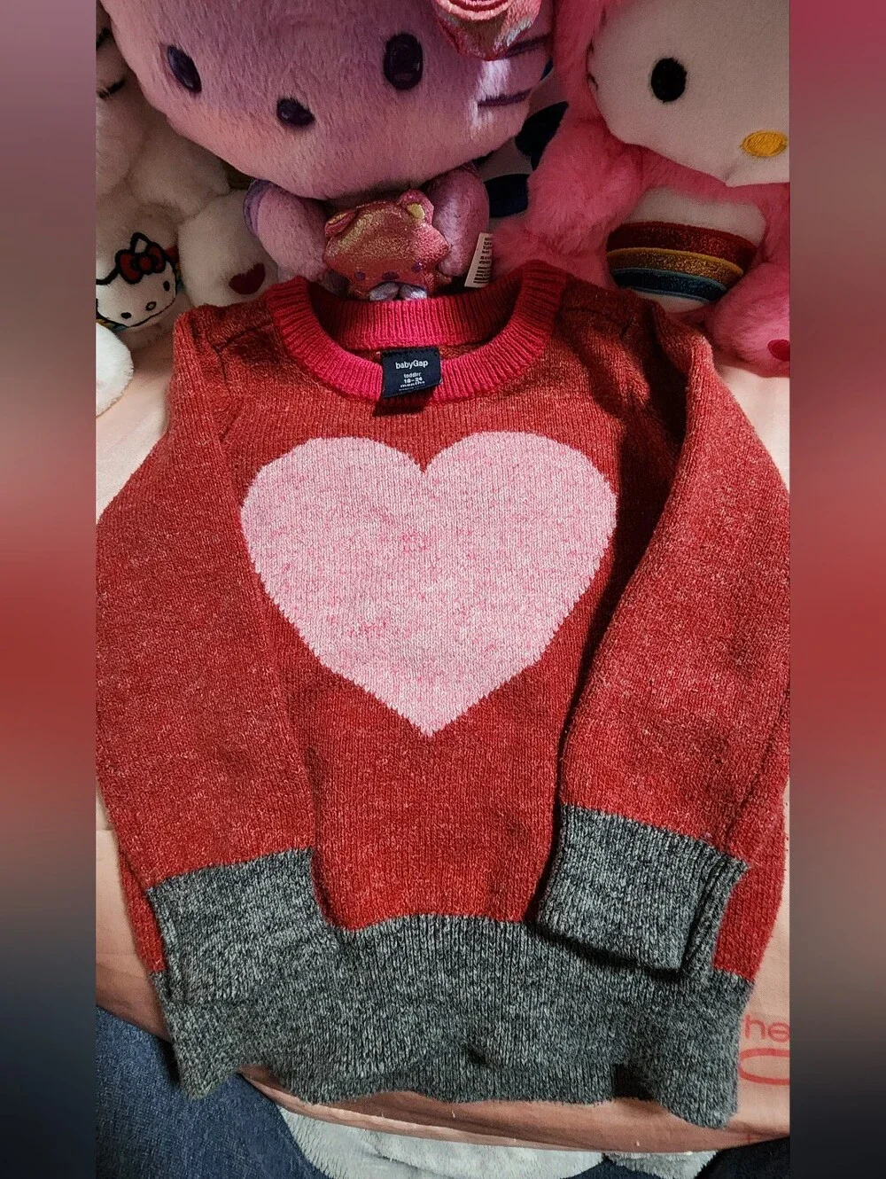 GAP Red Sweater with Pink Heart and Gray Trim